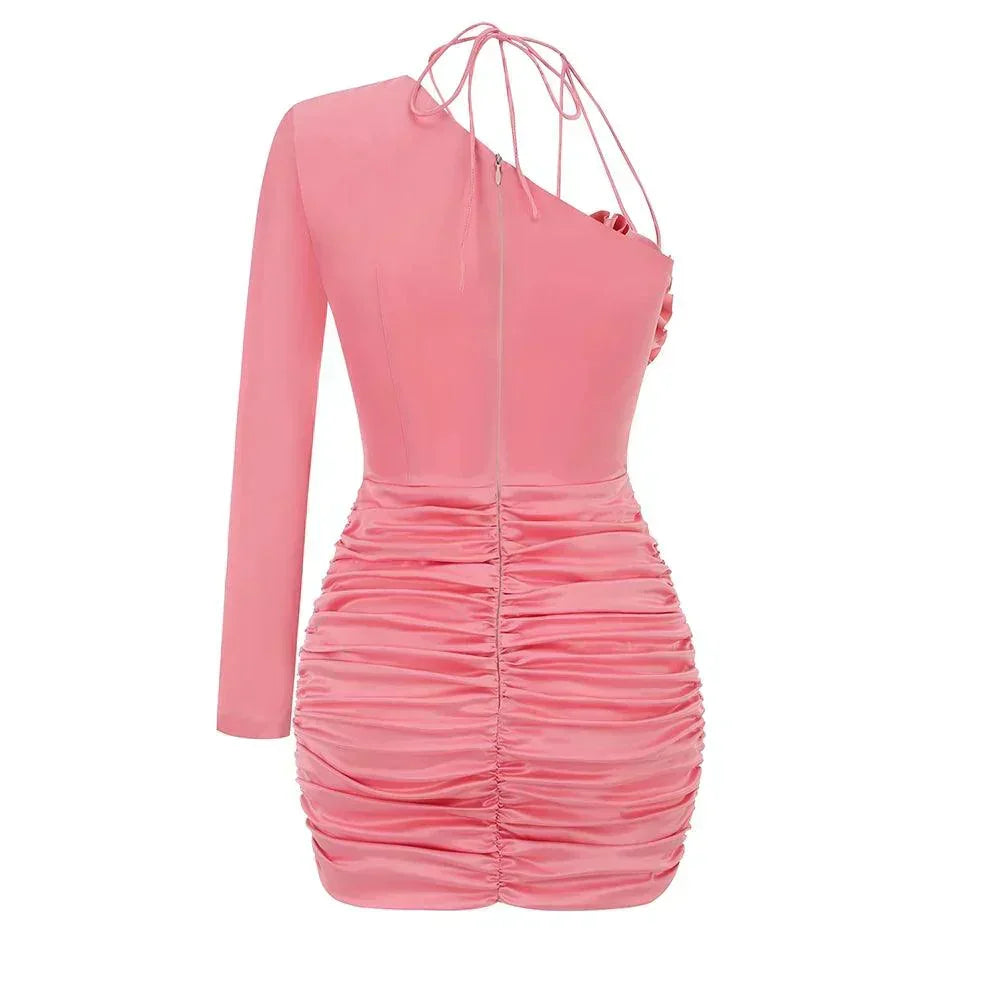 Satin One Shoulder Long Sleeve Rosette Cut Out Ruched Mini Dress 5