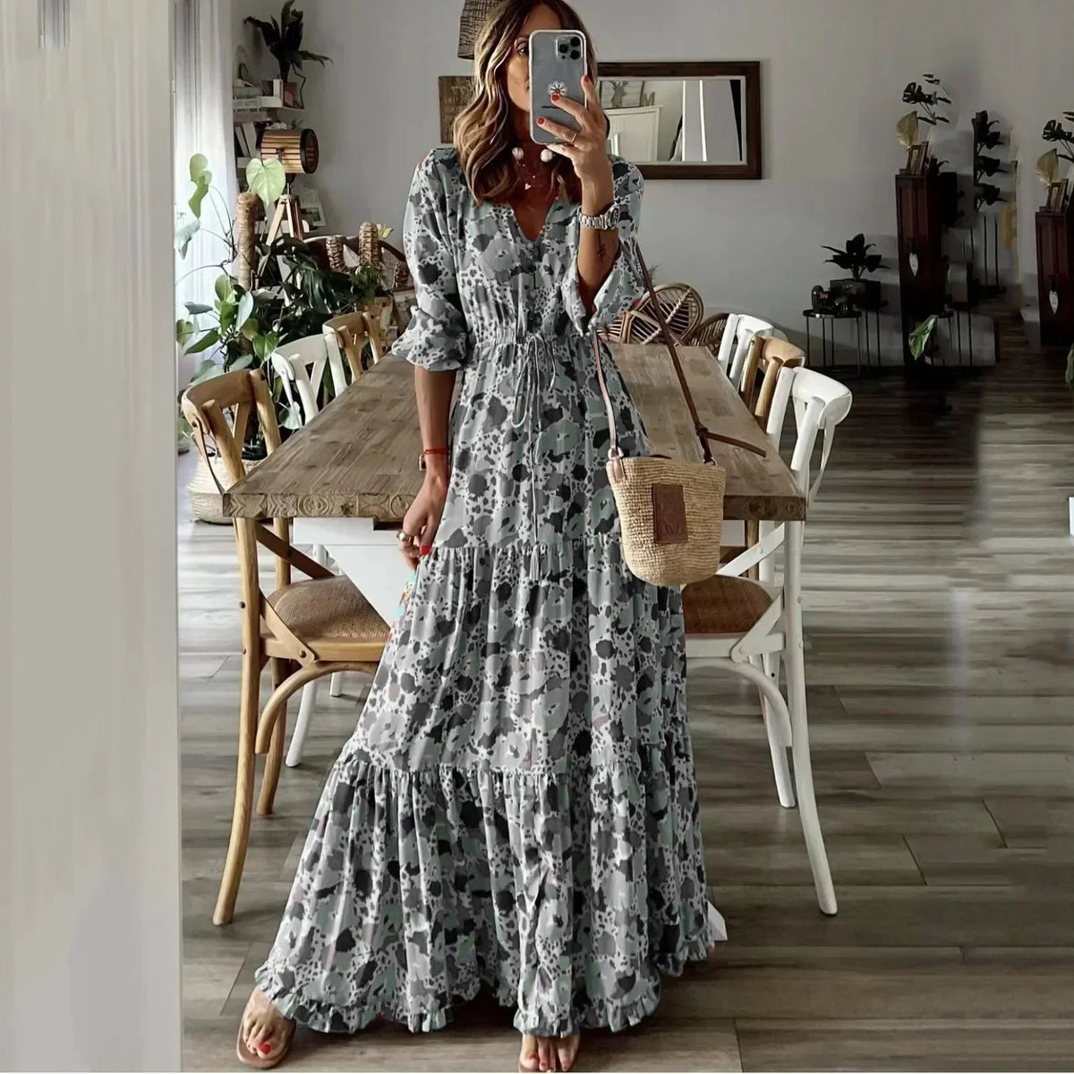Printed V-Neck Ruffle Sleeve Drawstring Waist Tiered Maxi Dress