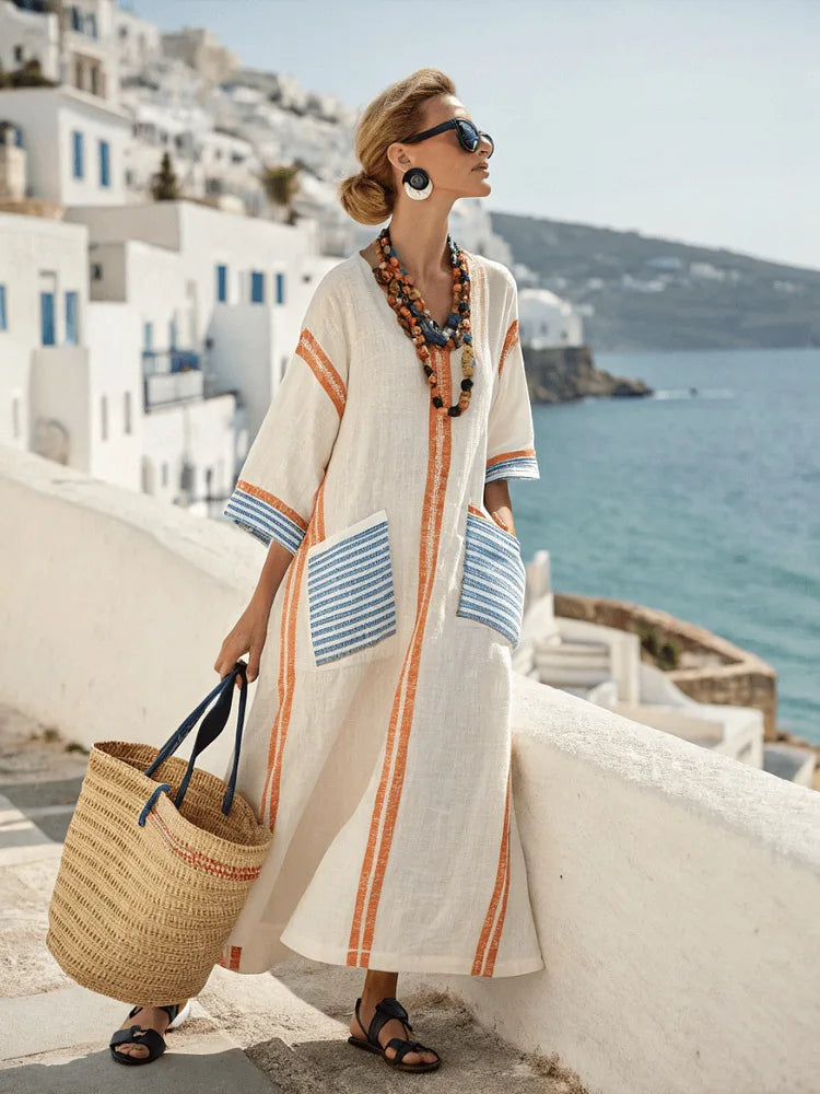 V-Neck Striped Trim Three Quarter Sleeve Beach Cover Up Kaftan