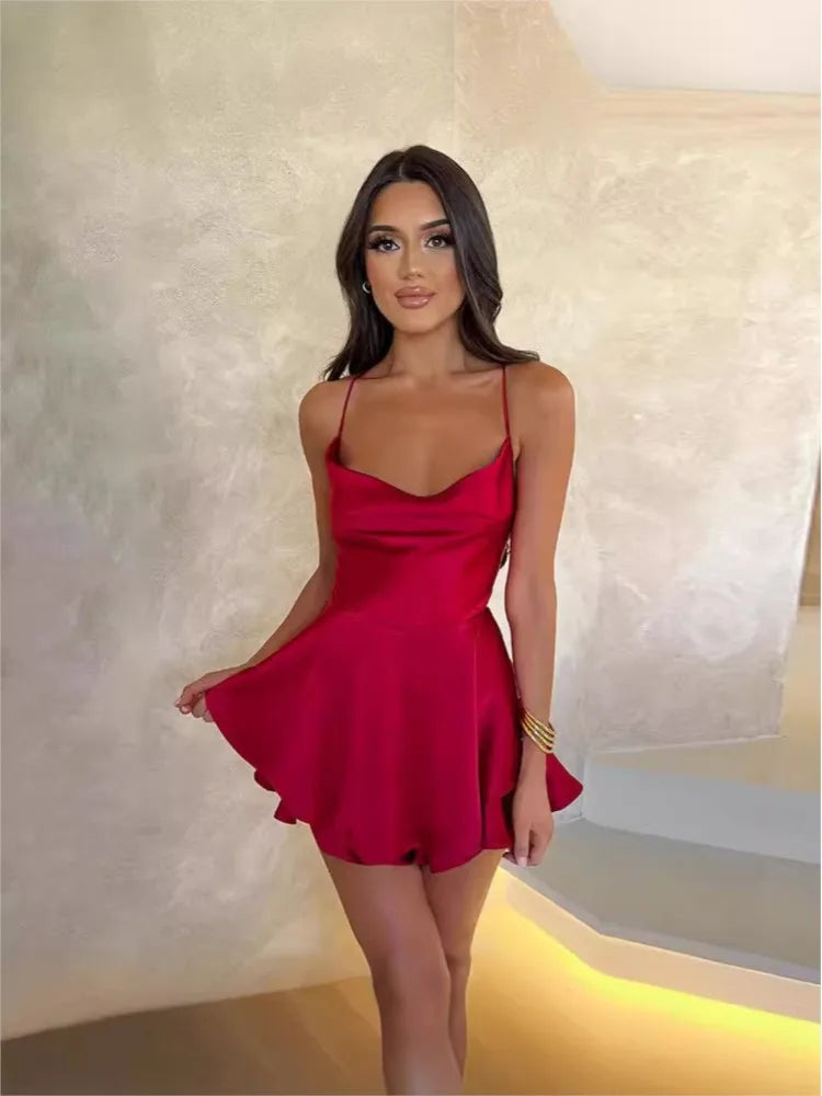 Satin Cowl Neck Spaghetti Strap Tiered Ruffle Flared Mini Dress