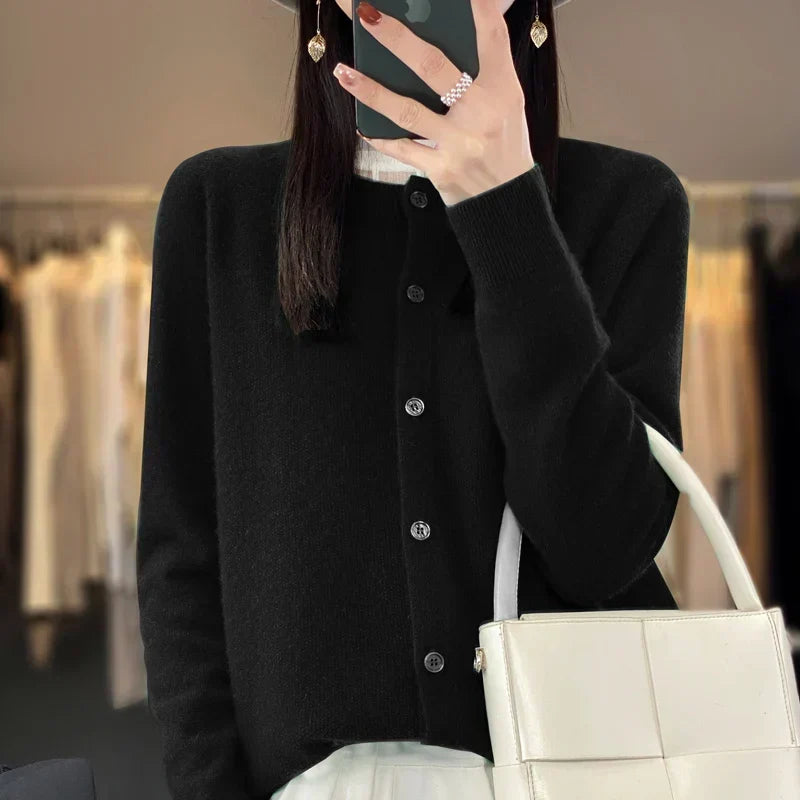 Crew Neck Button Front Long Sleeve Knit Cardigan