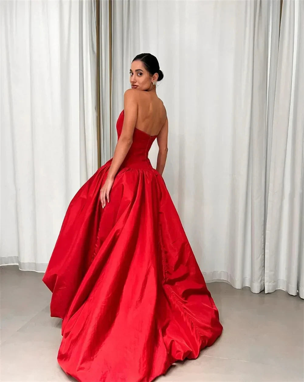 Satin Strapless Drop Waist Pleated Ball Gown