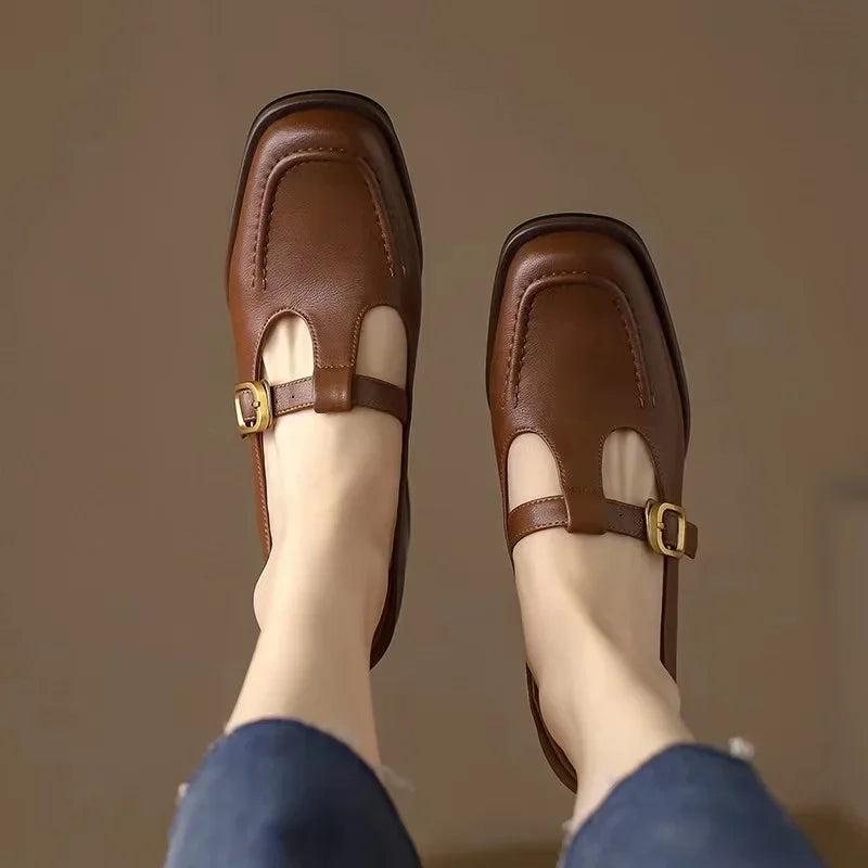 Square Toe T-Strap Buckle Mary Jane Flats