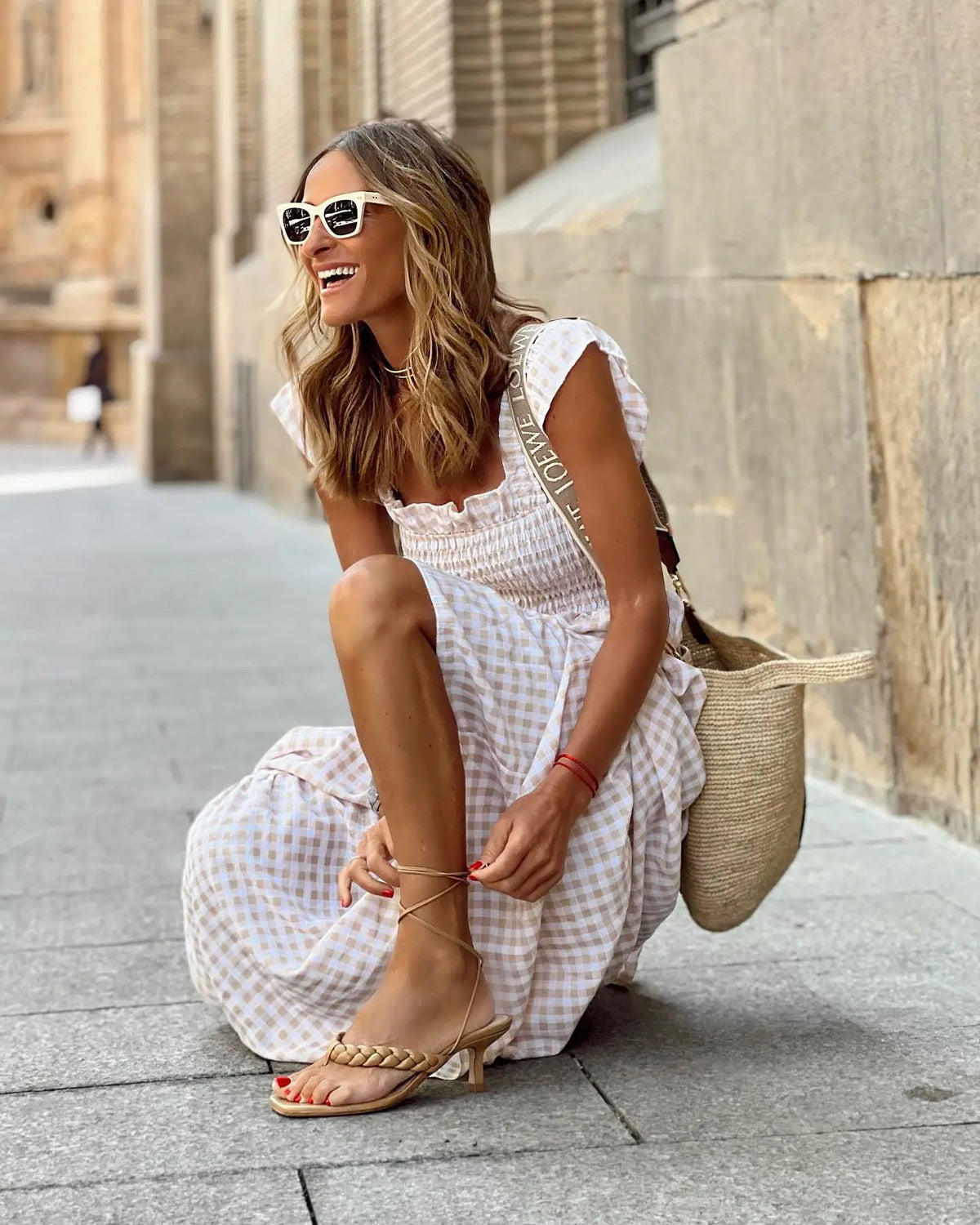Gingham Square Neck Smocked Ruffle Strap Tiered Maxi Dress