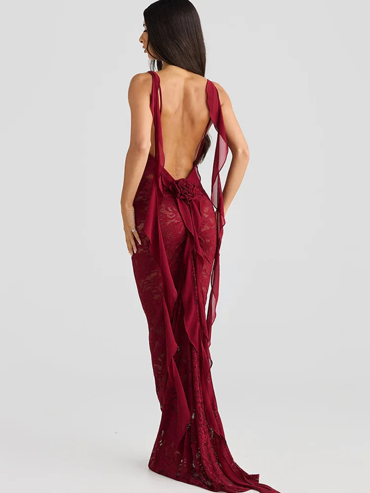Floral Lace Backless Open Back Rosette Draped Train Maxi Gown