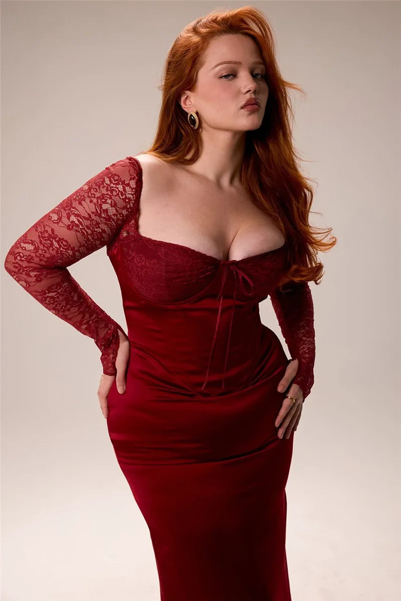 Sweetheart Neck Lace Long Sleeve Corset Bodice Satin Maxi Dress 10