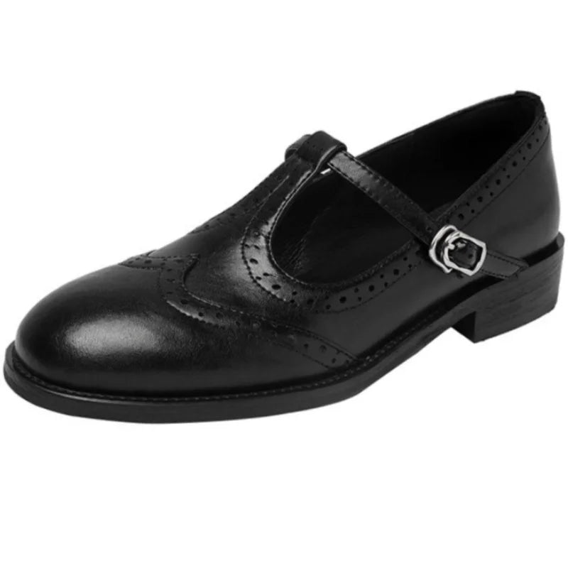 Round Toe Brogue T-Strap Buckle Mary Jane Flats