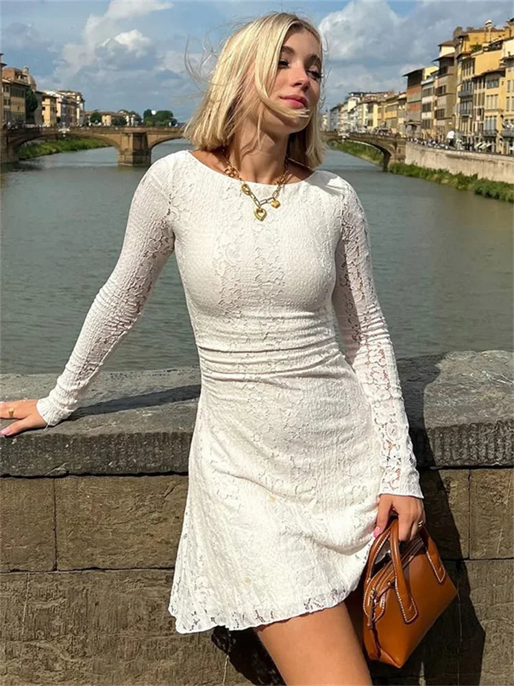 Lace Boat Neck Long Sleeve A-Line Mini Dress