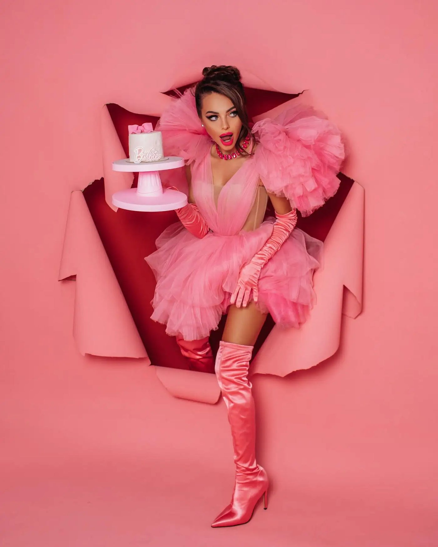Pink Tulle Ruffled A-Line Party Dress 4