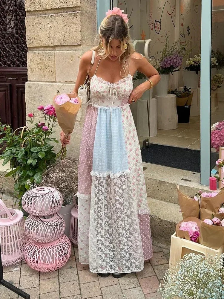Floral Patchwork Lace Panel Tie Front Spaghetti Strap Tiered Maxi Dress