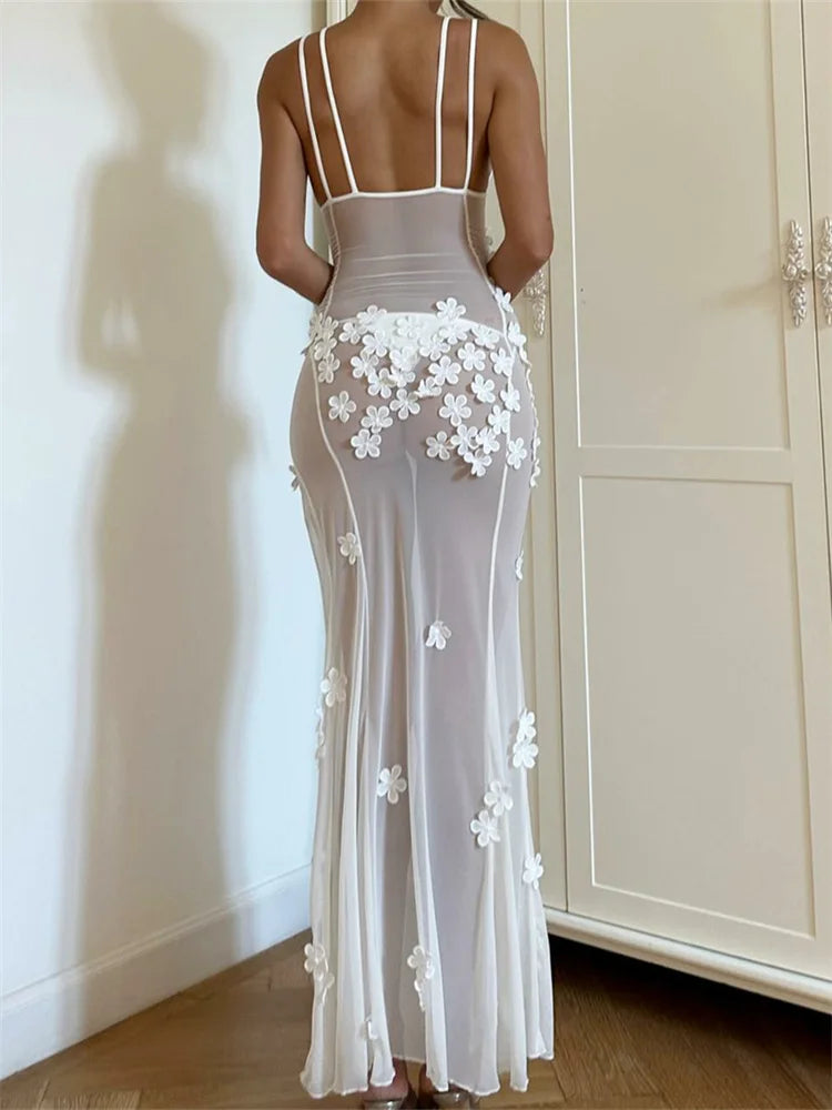 Mesh Strap Split Backless Floral Dress 4