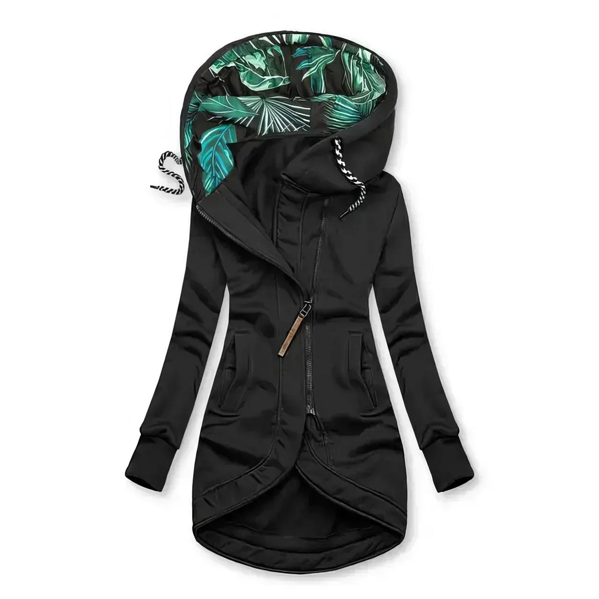Hooded Zip Front Drawstring High Low Longline Jacket