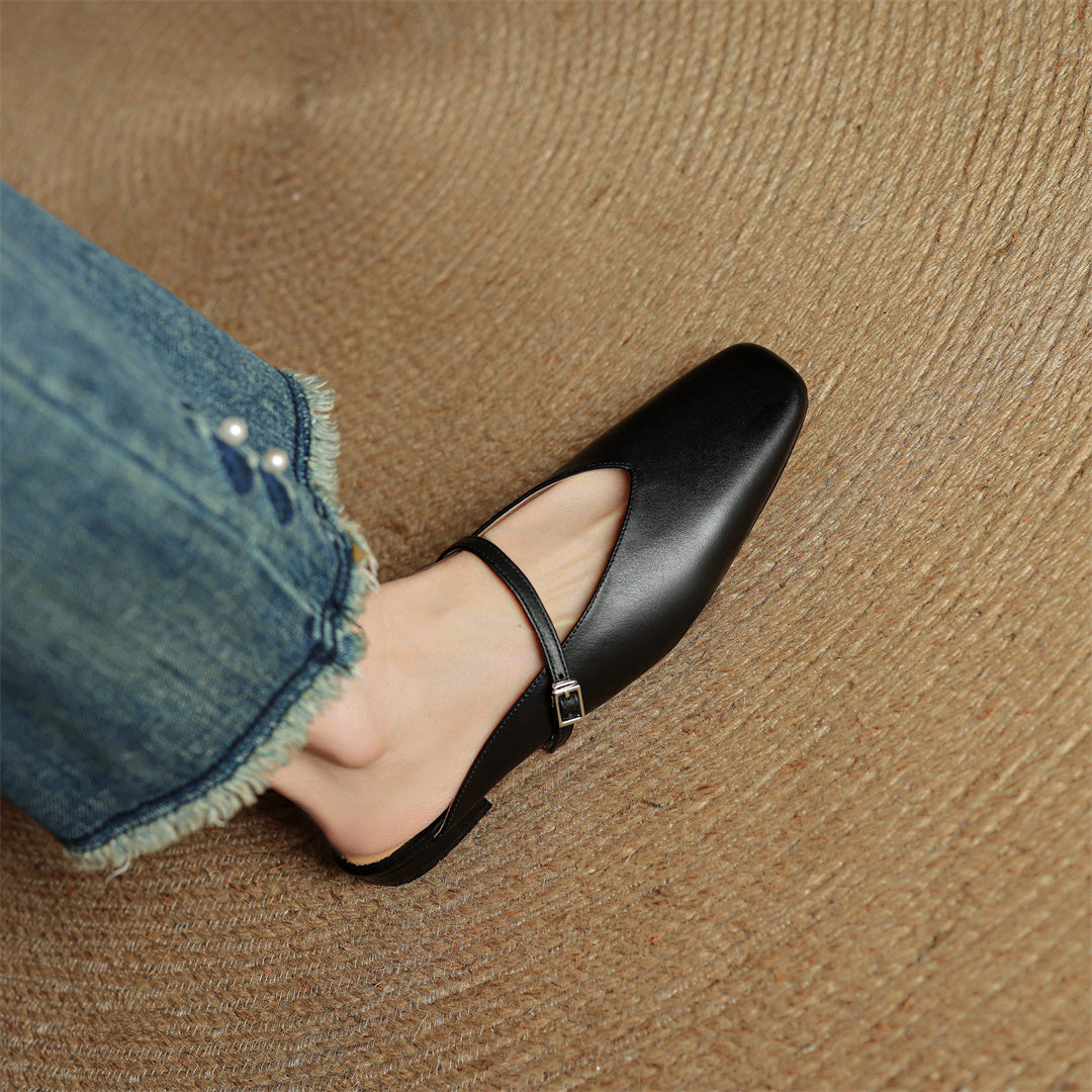 Square Toe Buckle Strap Flat Mules