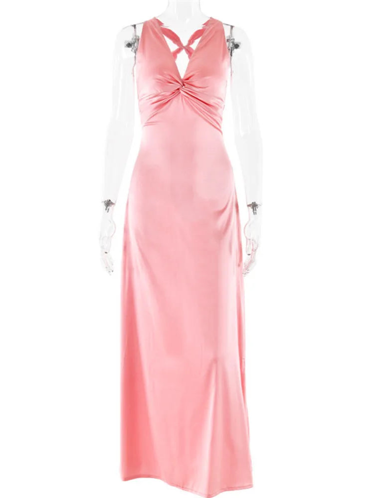 Satin Deep V-Neck Halter Twist Front Sleeveless Maxi Dress 11