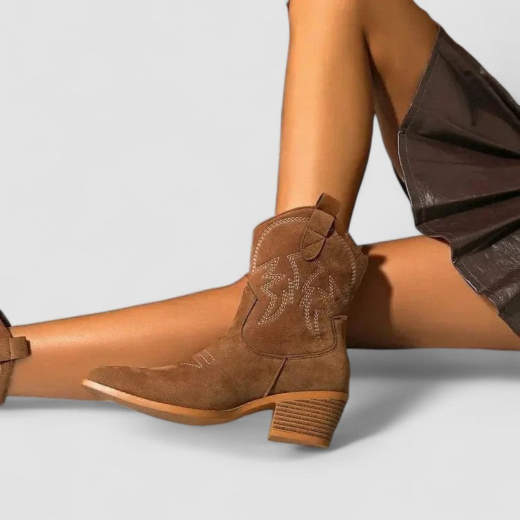 Embroidered Block Heel Western Ankle Boots