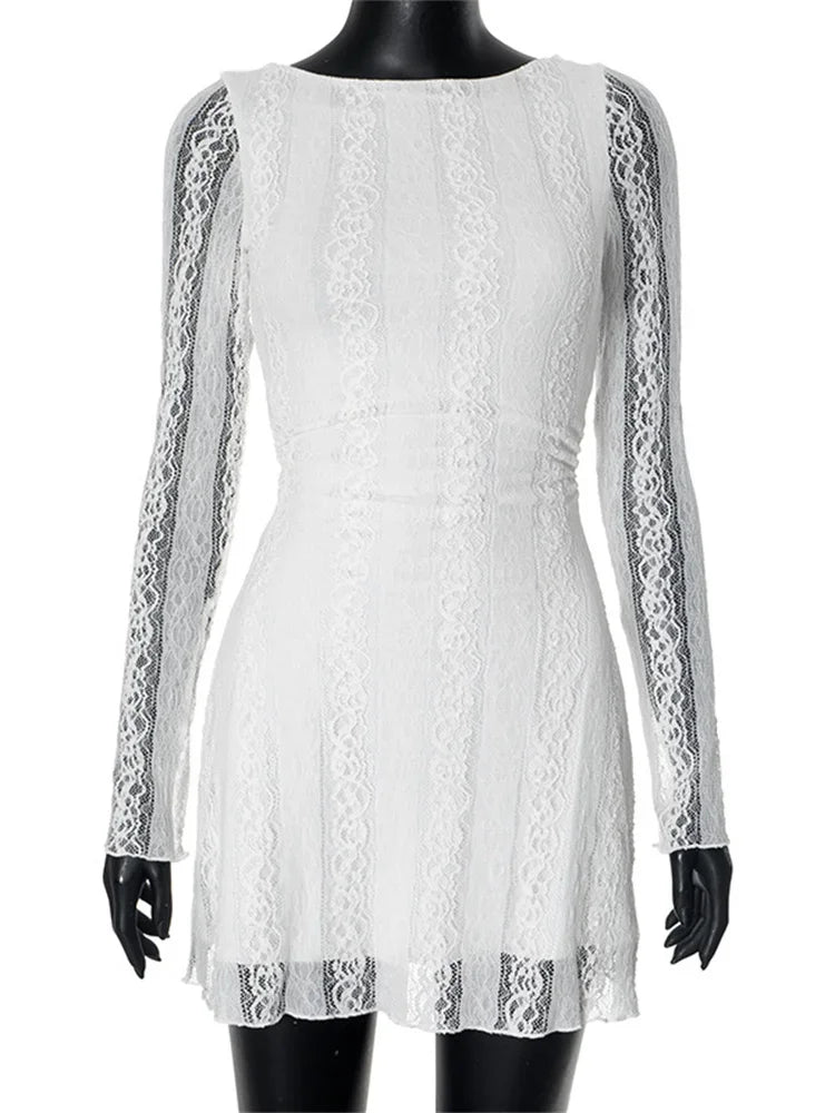 Lace Boat Neck Long Sleeve A-Line Mini Dress 5