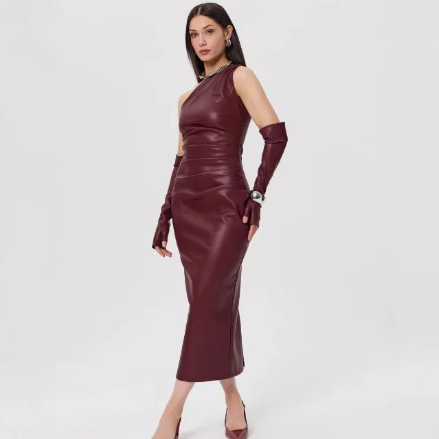 Off - Shoulder Strapless Faux Leather Patchwork Dress