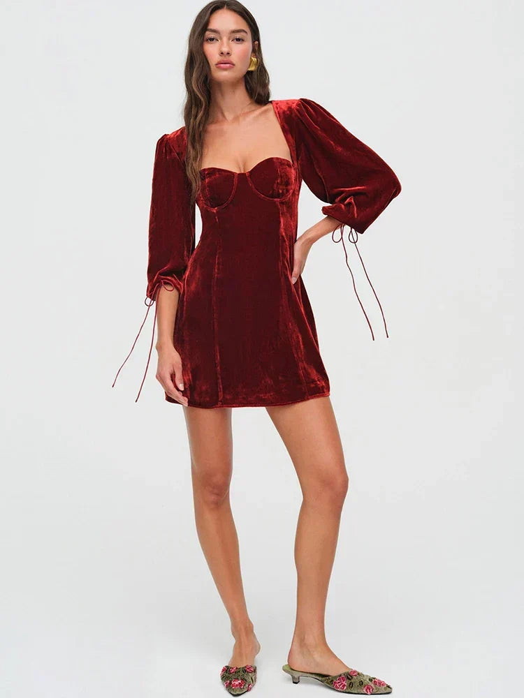 Velvet Puff Sleeve Open Back Tie Cuff Mini Dress 3