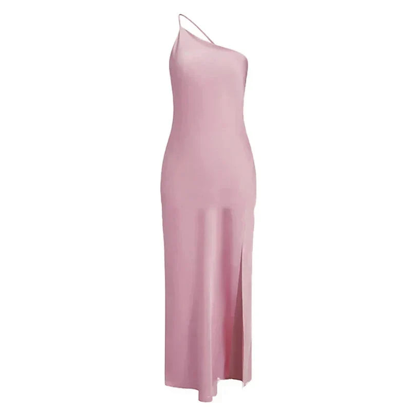 Satin Backless Asymmetric Strap Low Back Slip Maxi Dress 24