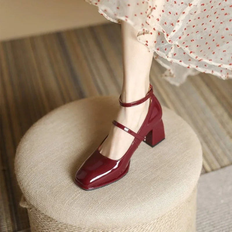Square Toe Ankle Strap Block Heel Mary Jane Pumps