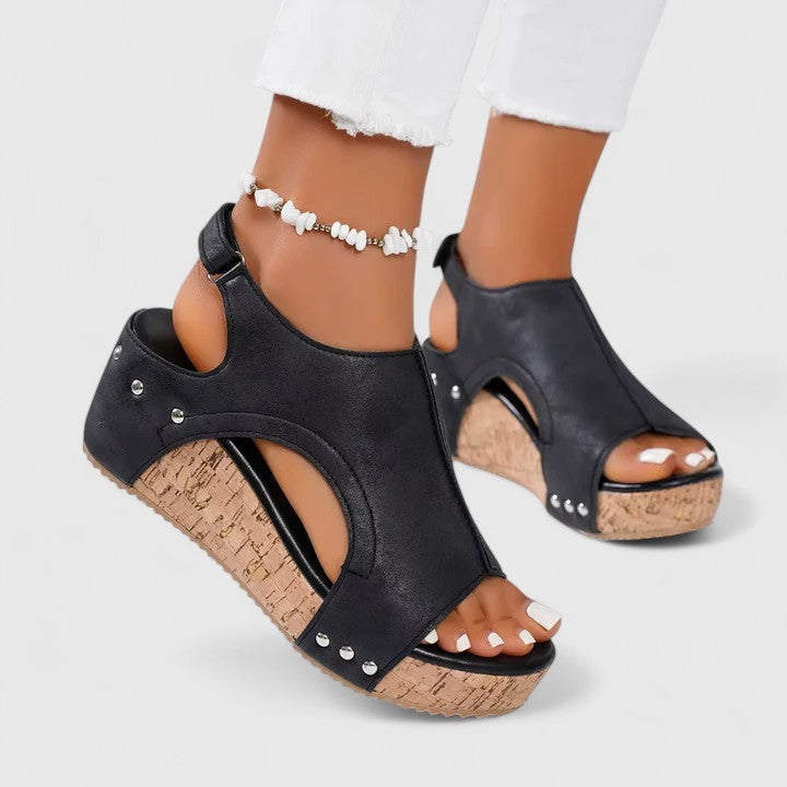 Open Toe Cut Out Ankle Strap Cork Wedge Sandals