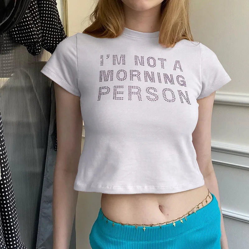 Rhinestone Letter Print Grunge Crop Top
