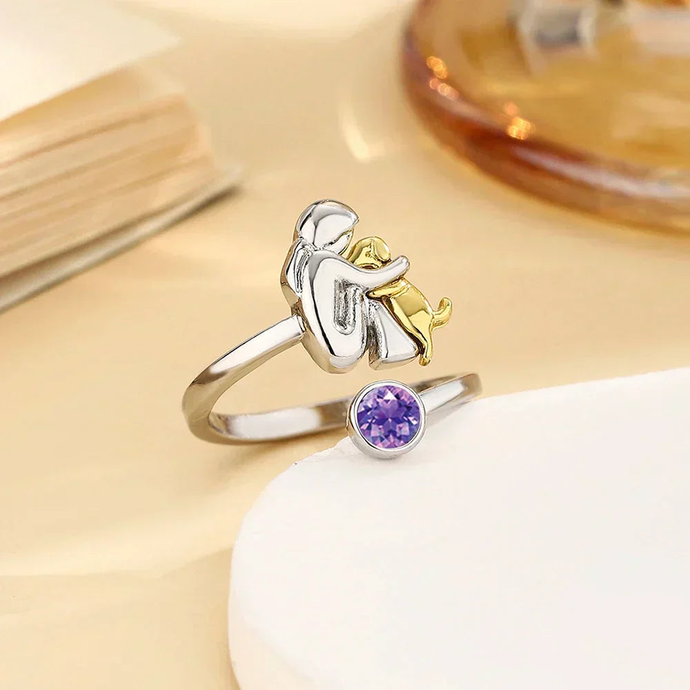 Two Tone Dog Hug Cubic Zirconia Open Adjustable Ring