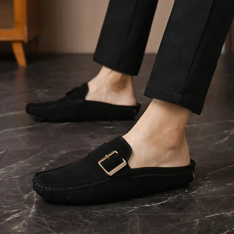 Suede-Look Buckle Backless Loafer Mules