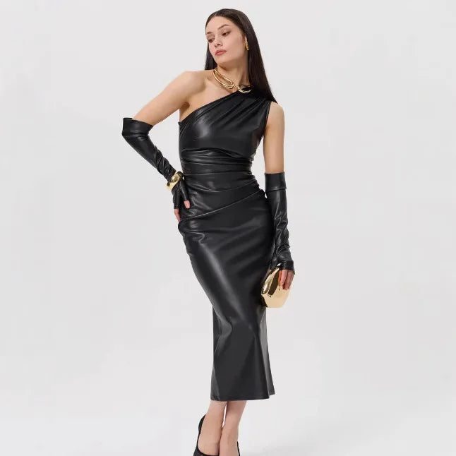 Off - Shoulder Strapless Faux Leather Patchwork Dress