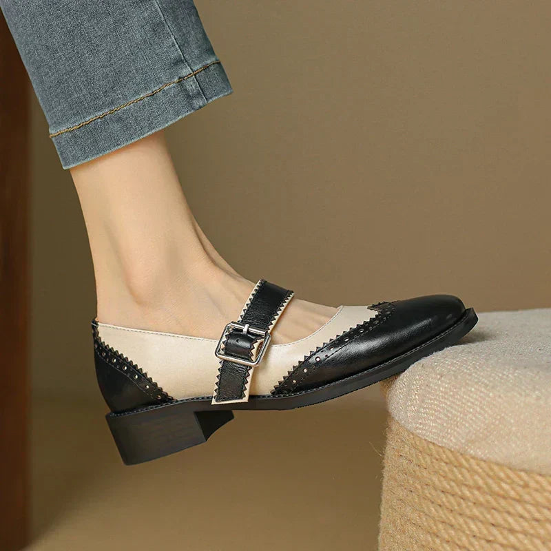 Round Toe Buckle Strap Brogue Mary Jane Flats