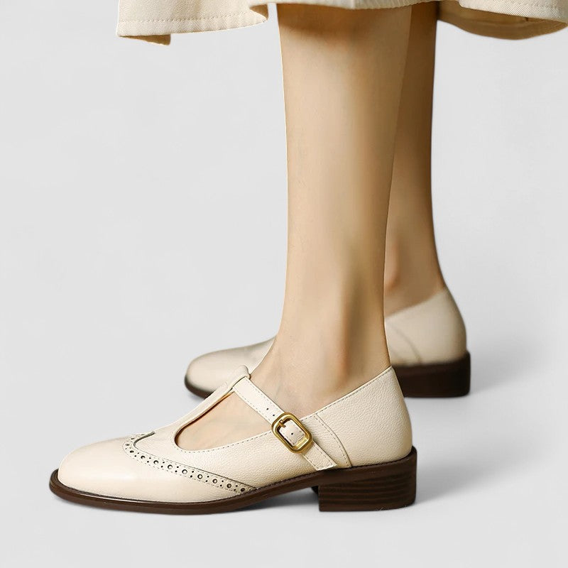 Round Toe T-Strap Buckle Brogue Mary Jane Flats