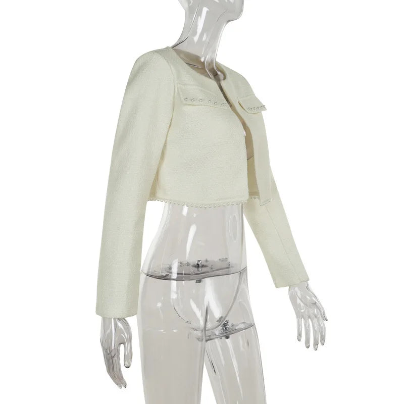 Tweed Faux Pearl Trim Cropped Jacket and Strapless Mini Dress Two Piece Set 13