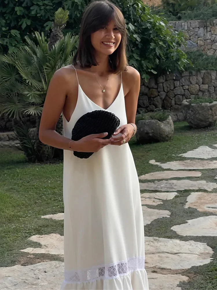 V-Neck Spaghetti Strap Lace Trim Ruffle Hem Maxi Slip Dress
