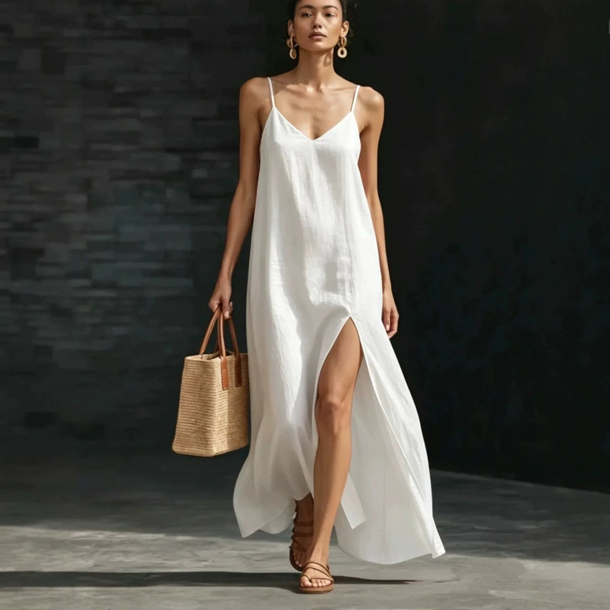 V-Neck Spaghetti Strap High Split Linen Look Maxi Dress