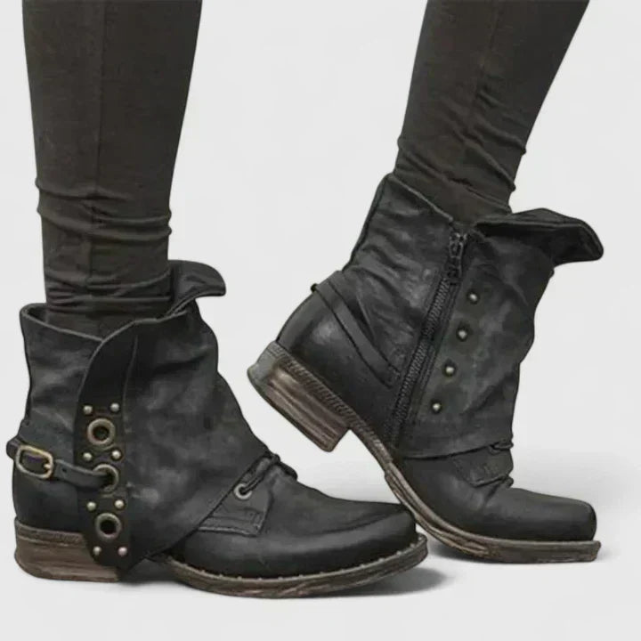 Distressed Buckle Strap Side Zip Ankle Boots