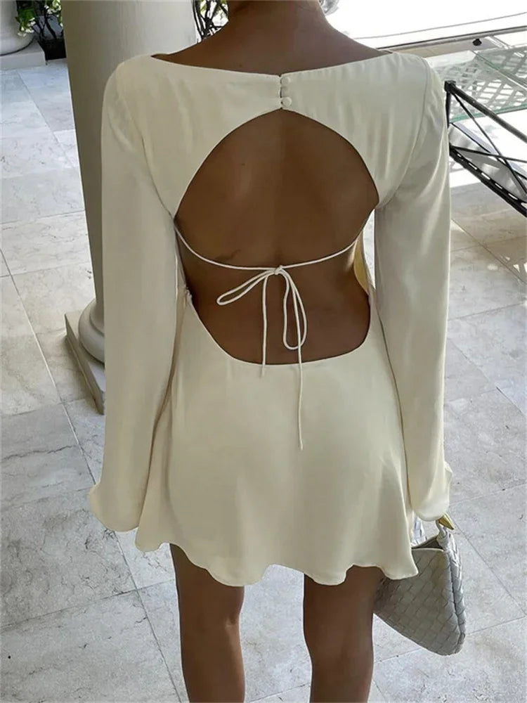 Satin Cowl Neck Long Flare Sleeve Party Mini Dress 4