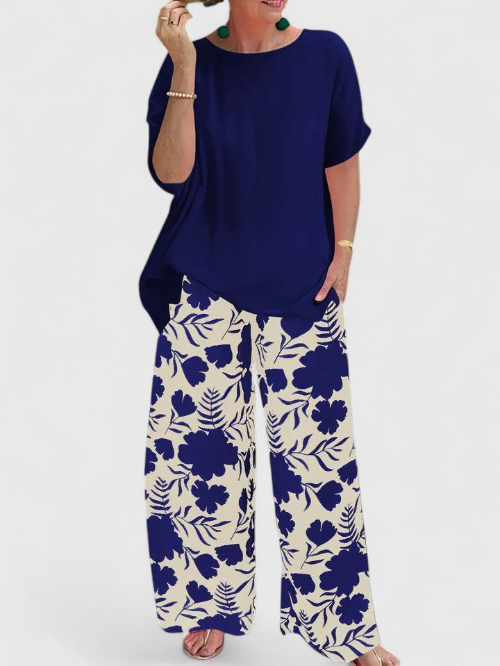 Round Neck Short Sleeve Top and Floral Print Wide Leg Pants Two Piece Set