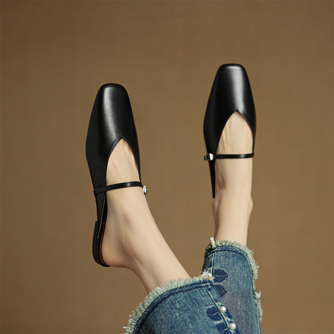 Square Toe Buckle Strap Flat Mules