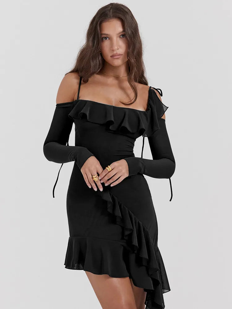 Cold Shoulder Long Sleeve Ruffle Trim Asymmetric Hem Bodycon Mini Dress 8