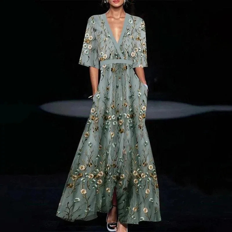 Ruby | Belted V-Neck Floral Maxi Dress Green