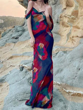 Print Mesh Pleated Off Shoulder Maxi Dress 4
