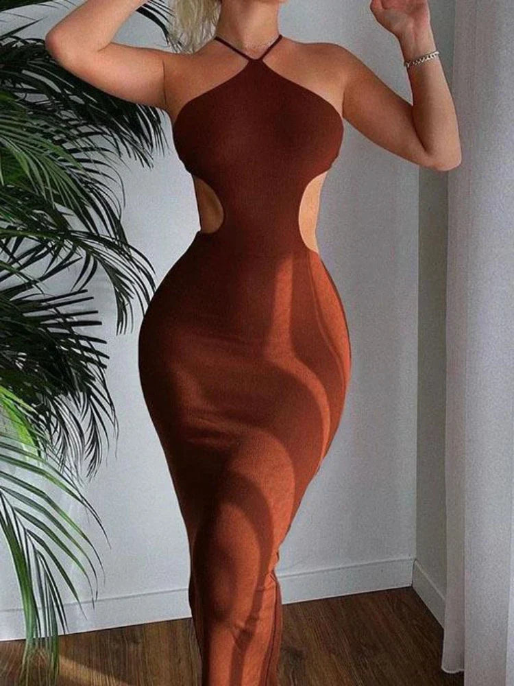 Halter Neck Side Cut Out Sleeveless Bodycon Maxi Dress