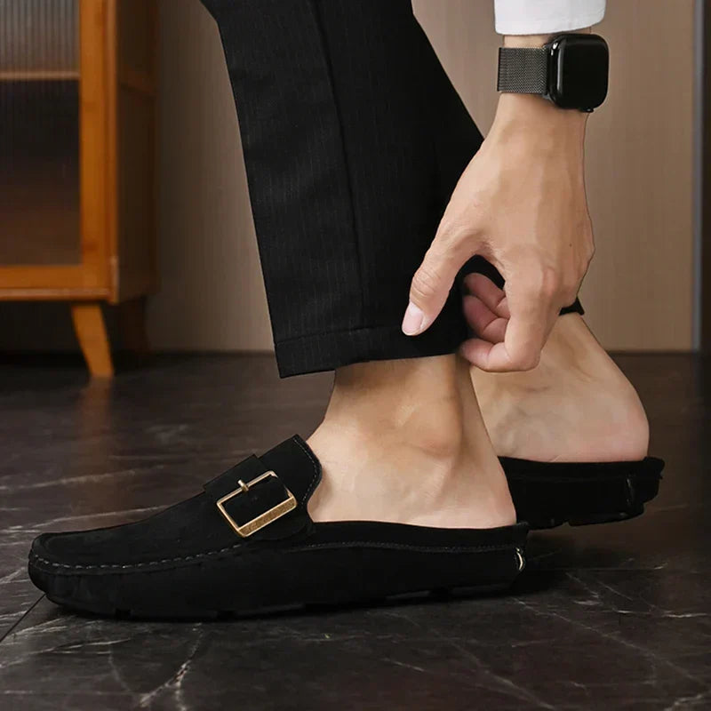 Suede-Look Buckle Backless Loafer Mules
