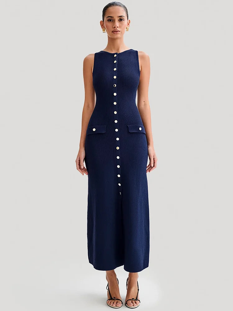 Knit Maxi Dress with Pockets Button - Front