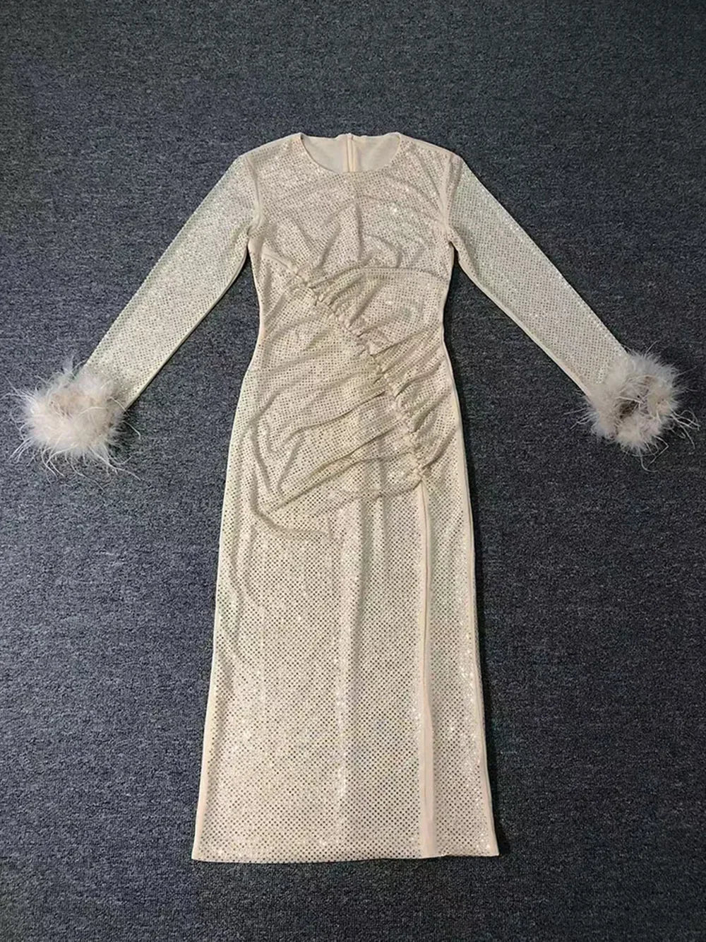 Crew Neck Long Sleeve Feather Cuff Rhinestone Mesh Ruched Midi Dress 6