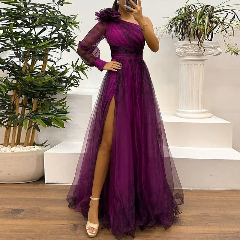 Judith - Trendy One Shoulder Mesh Print Maxi Dress Dark Violet