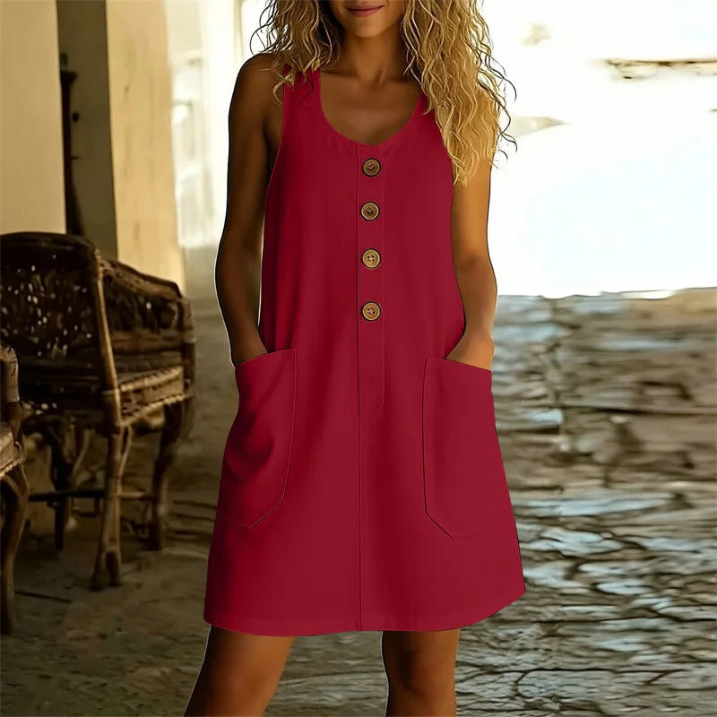 Scoop Neck Sleeveless Button Front Patch Pocket Mini Dress 10