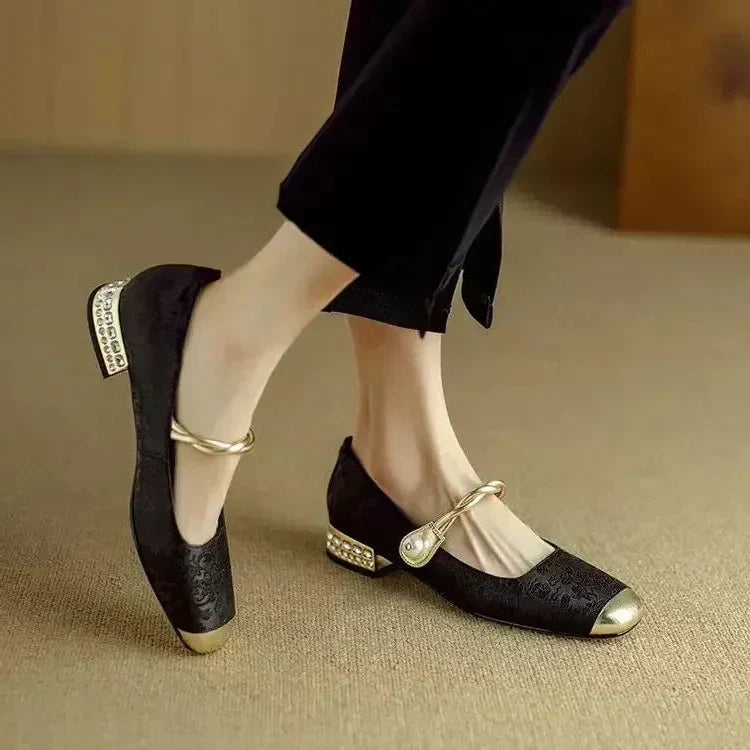 Square Toe Twist Strap Low Block Heel Mary Jane Pumps