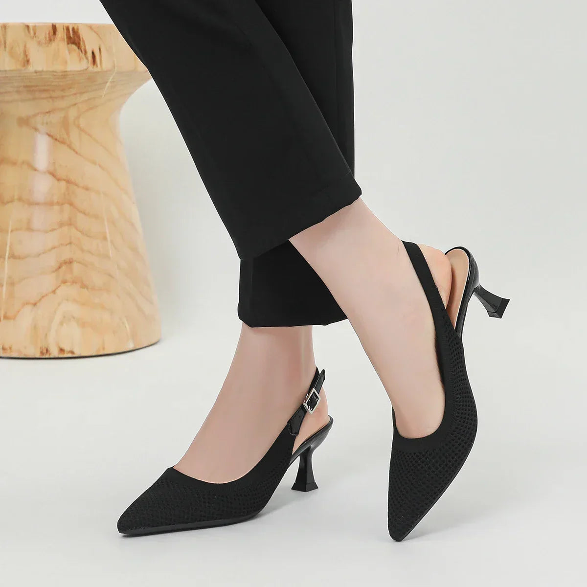 Pointed Toe Slingback Mesh Kitten Heel Pumps