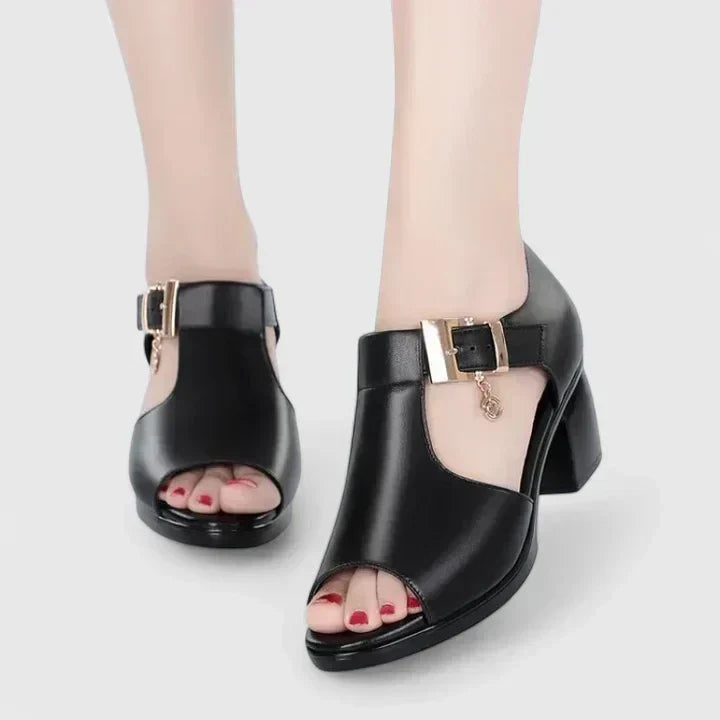 Peep Toe Buckle T-Strap Block Heel Sandals